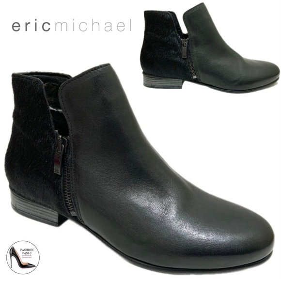 ERIC MICHEAL ISABELLA black booties leather block heel almond toe ankle boots 38 - Picture 2 of 11